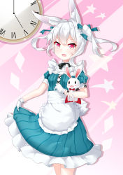 Rule 34 | 1girl, :d, animal, animal ear fluff, animal ears, animal hug, apron, blue dress, breasts, chihong de tianshi, clock, commentary request, copyright request, diagonal stripes, dress, fang, frilled dress, frills, gloves, hair between eyes, highres, long hair, looking at viewer, open mouth, pink background, puffy short sleeves, puffy sleeves, rabbit, rabbit ears, red eyes, roman numeral, short sleeves, sidelocks, silver hair, skirt hold, small breasts, smile, solo, star (symbol), striped background, striped clothes, striped dress, twintails, vertical-striped clothes, vertical-striped dress, waist apron, white apron, white gloves
