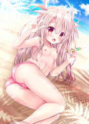 Rule 34 | 1girl, bare legs, beach, bikini, bikini bottom only, blue sky, blush, breasts, cameltoe, cloud, cloudy sky, collarbone, commentary request, day, dutch angle, fate/kaleid liner prisma illya, fate (series), feather hair ornament, feathers, feet out of frame, fingernails, hair between eyes, hair ornament, hands up, heart, heart in eye, highres, holding, holding syringe, horizon, illyasviel von einzbern, light brown hair, long hair, lying, nipples, ocean, on ground, on side, open mouth, outdoors, pink bikini, pink feathers, red eyes, sand, shaian, sidelocks, sky, small breasts, solo, swimsuit, symbol in eye, syringe, topless, two side up, v, very long hair, water