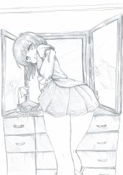 Rule 34 | 1girl, :d, anger vein, ass, bent over, blouse, blush, bow, chest of drawers, commentary, commentary request, feet out of frame, flower, frilled sleeves, frills, graphite (medium), greyscale, hand on own hip, unworn headwear, highres, juliet sleeves, legs, long sleeves, looking at viewer, mahiro (akino-suisen), medium hair, miniskirt, mirror, monochrome, one-hour drawing challenge, open mouth, puffy sleeves, shiki eiki, shirt, shoes, skirt, smile, solo, touhou, traditional media, voyeurism