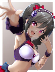 Rule 34 | 1girl, :d, absurdres, armpits, bare shoulders, beads, blurry, bow, breasts, brooch, cleavage, commentary request, crop top, flower, foreshortening, frills, grey hair, hair bow, hand up, headdress, highres, idolmaster, idolmaster cinderella girls, jewelry, kanzaki ranko, kon5283, long hair, looking at viewer, medium breasts, midriff, navel, open mouth, outstretched arm, pink eyes, purple flower, purple shirt, red bow, ring, rose, shirt, sidelocks, sleeveless, sleeveless shirt, smile, solo, stomach, twintails, two-tone background, upper body, v-shaped eyebrows, wing collar, wrist cuffs