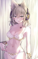 Rule 34 | 1girl, alternate costume, bangle, bare shoulders, blonde hair, blush, body writing, bra, bracelet, breasts, cleavage, collarbone, commentary request, cowboy shot, curtains, earmuffs, floral print, hair between eyes, hand on own hip, highres, jewelry, kanji, lace, lace-trimmed bra, lace-trimmed panties, lace trim, light particles, looking at viewer, medium breasts, medium hair, nail polish, navel, outstretched hand, panties, parted lips, pink nails, pointy hair, see-through, short hair, sidelocks, solo, stomach, syuri22, touhou, toyosatomimi no miko, underwear, underwear only, white bra, white panties, yellow eyes