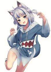 Rule 34 | 1girl, :d, absurdres, animal costume, bare legs, black panties, blue eyes, blue hair, blue hoodie, blue nails, blunt bangs, claw pose, fins, fish tail, gawr gura, gawr gura (1st costume), hair ornament, highres, hololive, hololive english, hood, hoodie, inaba teitoku, knee up, light blush, long sleeves, looking at viewer, medium hair, multicolored hair, nail polish, open mouth, panties, shark costume, shark girl, shark hair ornament, shark tail, sharp teeth, shoes, silver hair, simple background, smile, sneakers, solo, streaked hair, tail, teeth, two side up, underwear, v-shaped eyebrows, virtual youtuber, white background, white footwear, wide sleeves
