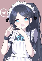 Rule 34 | 1girl, absurdly long hair, aoraine, apron, aris (blue archive), aris (maid) (blue archive), black dress, black hair, blue archive, blue eyes, blush, brown background, dress, heart, long hair, looking at viewer, maid, maid apron, maid headdress, no halo, official alternate costume, open mouth, ponytail, ringed eyes, short sleeves, simple background, smile, solo, spoken heart, very long hair, white apron