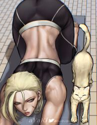 Rule 34 | 1girl, alternate hairstyle, artist name, ass, ayaki blade, biceps, blonde hair, cammy white, cat, crop top, facial scar, highres, looking at another, muscular, muscular female, pants, parted lips, scar, scar on cheek, scar on face, short hair, sleeveless, street fighter, street fighter 6, stretching, tight clothes, tight pants, top-down bottom-up, twitter logo, yoga mat