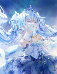 Rule 34 | bare shoulders, beamed eighth notes, blue hair, bow skirt, bubble skirt, buji, cape, commentary, cowboy shot, crystal, dated, detached collar, detached sleeves, eighth note, closed eyes, frilled skirt, frills, hair ornament, hands on own chest, hatsune miku, highres, juliet sleeves, layered skirt, long hair, long sleeves, musical note, night, night sky, open mouth, own hands together, princess, puffy sleeves, skirt, sky, snowflake hair ornament, snowflake print, snowflakes, staff (music), star (sky), starry sky, tiara, twintails, very long hair, vocaloid, yuki miku, yuki miku (2019)