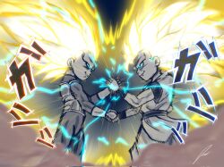 2boys aura blonde_hair dragon_ball dragon_ball_daima highres holding_hands long_hair male_focus multiple_boys omni_studios saiyan son_goku super_saiyan super_saiyan_3 vegeta