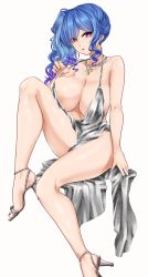 Rule 34 | 1girl, areola slip, azur lane, backless dress, backless outfit, bare shoulders, blue hair, blue nails, breasts, cleavage, cocktail dress, dress, earrings, evening gown, halter dress, halterneck, high heels, highres, jewelry, large breasts, long hair, nail polish, necklace, nikomiudon 06, official alternate costume, plunging neckline, purple eyes, revealing clothes, shoes, side ponytail, sidelocks, silver dress, silver footwear, simple background, solo, st. louis (azur lane), st. louis (luxurious wheels) (azur lane), thighs, toeless footwear, white background