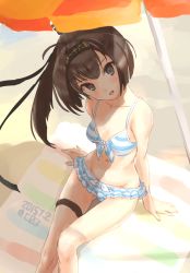 Rule 34 | 10s, 1girl, :o, akizuki (kancolle), arm support, beach umbrella, bikini, bikini skirt, black eyes, brown hair, coz (commit), dated, day, dithering, from above, front-tie top, hairband, head tilt, kantai collection, looking at viewer, looking up, outdoors, ponytail, smile, solo, striped bikini, striped clothes, swimsuit, thigh gap, thigh strap, twitter username, umbrella