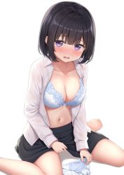 Rule 34 | 1girl, barefoot, black hair, black skirt, blue bra, blush, bra, breasts, cleavage, collarbone, commentary request, holding, holding clothes, holding panties, holding underwear, inoue yurina, karutamo, large breasts, long sleeves, looking at viewer, navel, open clothes, open mouth, open shirt, original, panties, unworn panties, purple eyes, shirt, short hair, sitting, skirt, solo, stomach, underwear, wariza, white background, white shirt