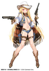 Rule 34 | 1girl, blonde hair, blue ribbon, blush, boots, breasts, brown footwear, cape, character request, cleavage, closed mouth, commentary request, copyright request, cowboy boots, cowboy hat, denim, denim shorts, denim vest, dual wielding, full body, gun, hair ribbon, handgun, hat, highres, holding, holster, jewelry, large breasts, long hair, looking at viewer, micro shorts, mouth hold, navel, necklace, official art, open clothes, open vest, pink eyes, popqn, revolver, ribbon, shorts, simple background, solo, stalk in mouth, standing, stomach, thigh holster, thigh strap, very long hair, vest, weapon, white background
