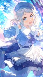 1girl blue_eyes blue_hair braid fur_trim gakuen_idolmaster game_cg gloves grey_hair hat idolmaster katsuragi_lilja multicolored_hair official_art open_mouth pantyhose snowflakes solo white_gloves white_pantyhose