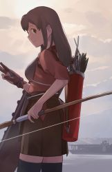 Rule 34 | 1girl, akagi (kancolle), archery, bad id, bad pixiv id, bow (weapon), brown eyes, brown hair, brown skirt, day, gloves, grey thighhighs, holding, holding bow (weapon), holding weapon, kantai collection, kyuudou, looking back, makio (makiomeigenbot), muneate, outdoors, partially fingerless gloves, partly fingerless gloves, profile, quiver, single glove, skirt, solo, standing, thighhighs, weapon, yugake