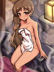Rule 34 | 1girl, arm at side, blurry, blurry background, blush, breasts, brown eyes, brown hair, closed mouth, collarbone, covering privates, from above, hand in own hair, hand up, handa roco, highres, idolmaster, idolmaster million live!, lantern, legs together, long hair, looking at viewer, looking up, naked towel, nude, nude cover, onsen, rock, sitting, small breasts, smile, soaking feet, solo, steam, towel, very long hair, water, yahankkwo