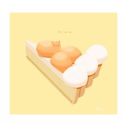 Rule 34 | border, chai (drawingchisanne), commentary request, dessert, food, food focus, mochi, no humans, on food, original, pie, signature, simple background, sitting on food, still life, sweets bird, undersized animal, white border, yellow background