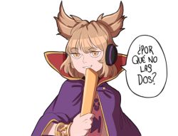 Rule 34 | 1girl, blonde hair, bracelet, cape, commentary request, earmuffs, holding, jewelry, looking at viewer, mefomefo, meme, pointy hair, ritual baton, short hair, simple background, smile, solo, spanish commentary, spanish text, speech bubble, touhou, toyosatomimi no miko, upper body, white background, yellow eyes