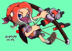 Rule 34 | bike shorts, blue eyes, bow (weapon), brown footwear, commentary request, green background, grey socks, hawaiian shirt, highres, holding, holding bow (weapon), holding weapon, looking at viewer, mask, medium hair, mouth mask, nintendo, octoling, octoling boy, octoling player character, orange hair, shirt, simple background, socks, splatoon (series), splatoon 3, tentacle hair, translation request, tri-stringer (splatoon), weapon, xdies ds