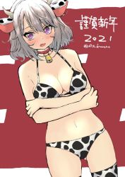 Rule 34 | 1girl, 2021, animal ears, animal print, bell, bikini, blush, breasts, cleavage, collar, collarbone, commentary request, cow ears, cow horns, cow print, crossed arms, fake animal ears, fake horns, grey hair, highres, horns, looking at viewer, medium breasts, navel, neck bell, open mouth, original, parted bangs, purple eyes, red background, sidelocks, swimsuit, t7s-kuroro, thighhighs, twitter username, two-tone background, white background
