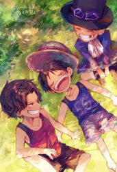 Rule 34 | 3boys, ^ ^, aged down, artist name, brothers, child, closed eyes, dutch angle, girikashi43, grass, grin, hat, highres, lying, missing tooth, monkey d. luffy, multiple boys, one piece, portgas d. ace, sabo (one piece), shorts, siblings, smile, straw hat, top hat, v-shaped eyebrows