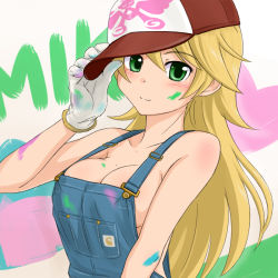 Rule 34 | 1girl, bad id, bad pixiv id, blonde hair, blush, breasts, cleavage, gloves, green eyes, hat, hoshii miki, idolmaster, idolmaster (classic), long hair, naked overalls, no bra, overalls, paint, punto, solo