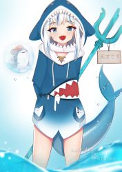 Rule 34 | absurdres, animal costume, animal hood, bloop (gawr gura), fins, fish tail, gawr gura, highres, hololive, hololive english, holomyth, hood, looking at viewer, mythbreakers (hololive english), rim myy, shark costume, shark girl, shark hood, shark tail, smile, tail, virtual youtuber