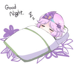 Rule 34 | 1other, androgynous, commentary request, english text, closed eyes, flower, futon, hair flower, hair ornament, highres, len&#039;en, ougi hina, pink hair, purple flower, shion (len&#039;en), short hair, simple background, sleeping, solo, triangular headpiece, white background, zzz