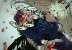Rule 34 | 1girl, ate5424, black legwear, black pants, blonde hair, blood, blood on clothes, blood on hands, blood splatter, blue jacket, blurry, blurry foreground, chainsaw man, crosshair pupils, eyebrows, eyelashes, fang, fangs, female focus, fighting, fighting stance, fingernails, grin, hair between eyes, highres, horns, jacket, long hair, looking at viewer, pale skin, pants, power (chainsaw man), red eyes, sharp teeth, shirt, smile, solo, solo focus, teeth, white background, white shirt