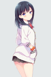Rule 34 | 10s, 1girl, black hair, black skirt, blue eyes, blush, bow, bowtie, commentary request, expressionless, grey background, gridman universe, hands in pockets, hazuki (sutasuta), highres, jacket, long hair, long sleeves, looking at viewer, looking back, miniskirt, orange scrunchie, pleated skirt, red bow, red bowtie, scrunchie, simple background, skirt, solo, ssss.gridman, takarada rikka, thighs, white jacket, wrist scrunchie