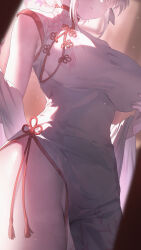 1girl absurdres armpit_crease blue_archive blurry blurry_background blush breasts china_dress chinese_clothes commentary_request cropped_head detached_sleeves dress halo highres large_breasts light_particles no_panties official_alternate_costume official_alternate_hairstyle pink_hair pink_halo side_slit sideboob solo sushispin thighs tomoe_(blue_archive) tomoe_(qipao)_(blue_archive) white_dress