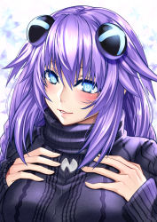 Rule 34 | 10s, 1girl, alternate costume, blue eyes, blush, braid, breasts, close-up, commentary request, dress, female focus, fingernails, hair ornament, hand on own chest, large breasts, lips, long fingernails, long hair, looking at viewer, neptune (neptunia), neptune (series), nyamota, parted lips, purple hair, purple heart (neptunia), smile, solo, sweater, symbol-shaped pupils, turtleneck, twin braids, upper body