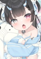 Rule 34 | 1girl, absurdres, bell, black hair, bottomless, child, fang, hair ribbon, heterochromia, highres, horns, hugging object, indie virtual youtuber, kamiru runa, open mouth, ribbon, toy bunny, tukiman02, virtual youtuber