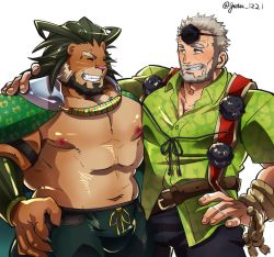 Rule 34 | 2boys, absurdres, animal ears, arsalan (tokyo houkago summoners), bara, bare pectorals, beard, blonde hair, brown fur, bulge, cape, facial hair, furry, furry male, green cape, green hair, green shirt, highres, hogen (housamo), interspecies, large pectorals, lion boy, lion ears, lion tail, pectoral cleavage, male focus, mature male, multicolored hair, multiple boys, muscular, muscular male, mustache, navel, nipples, old, old man, pectoral docking, pectoral press, pectorals, rope, sekigan no samurai (gatu 1221), shirt, short hair, sideburns, smile, stomach, tail, tokyo houkago summoners, two-tone hair, whiskers, yellow eyes
