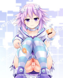 Rule 34 | 1girl, :3, anus, bar censor, censored, choker, cleft of venus, d-pad, d-pad hair ornament, food, hair ornament, highres, looking at viewer, naughty face, neptune (neptunia), neptune (series), panties, pov, pudding, purple eyes, purple hair, pussy, sereneandsilent, smile, smug, solo, spoon, squatting, striped clothes, striped panties, striped thighhighs, thighhighs, underwear