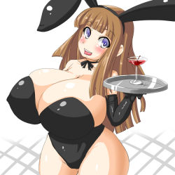 Rule 34 | 1girl, animal ears, bare shoulders, blue eyes, bow, breasts, brown hair, cleavage, cocktail glass, cup, curvy, drinking glass, fake animal ears, female focus, glass, gloves, huge breasts, leotard, long hair, playboy bunny, rabbit ears, solo, tray, wide hips