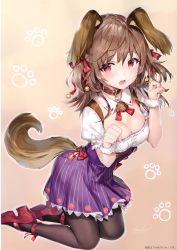 Rule 34 | 1girl, :o, absurdres, animal ears, bell, black pantyhose, bow, breasts, brown background, brown hair, buttons, cleavage, collar, dated, detached collar, dog ears, dog tail, dress, fang, food print, full body, gradient background, hair ribbon, hands up, high heels, highres, jingle bell, kneeling, leaning forward, long hair, looking at viewer, medium breasts, momoko (momopoco), neck ribbon, original, pantyhose, paw pose, paw print, paw print background, puffy short sleeves, puffy sleeves, purple dress, red bow, red eyes, red footwear, red ribbon, ribbon, scan, short sleeves, signature, simple background, solo, strawberry print, striped, tail, underbust, vertical stripes, wristband