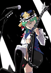 Rule 34 | 1girl, asymmetrical hair, black background, black footwear, black skirt, blue hat, blue vest, bright pupils, commentary request, electric guitar, frilled hat, frills, green eyes, green hair, guitar, hat, highres, instrument, long sleeves, looking at viewer, microphone, open mouth, ribbon-trimmed skirt, ribbon trim, sakamoto fred, shiki eiki, short hair, skirt, solo, thighhighs, touhou, two-tone background, vest, white background, white pupils, white thighhighs
