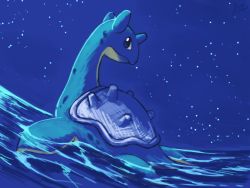 Rule 34 | aqua skin, blue eyes, blue theme, closed mouth, creatures (company), expressionless, full body, game freak, gen 1 pokemon, lai (pixiv1814979), lapras, looking at viewer, looking back, night, night sky, nintendo, no humans, pokemon, pokemon (creature), shell, sky, solo, star (sky), starry sky, swimming, water, waves