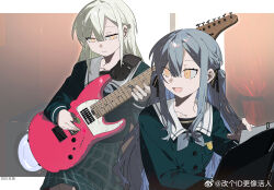 1088888888 2girls bang_dream! bang_dream!_it&#039;s_mygo!!!!! black_ribbon blue_hair blue_serafuku closed_mouth cowboy_shot curtains green_hair guitar hair_ribbon highres holding holding_guitar holding_instrument holding_plectrum indoors instrument long_hair long_sleeves looking_at_another looking_back multiple_girls open_mouth playing_guitar plectrum ribbon sailor_collar school_uniform serafuku sidelocks sitting togawa_sakiko tsukinomori_school_uniform two_side_up wakaba_mutsumi watermark weibo_watermark white_sailor_collar winter_uniform yellow_eyes