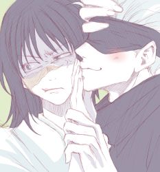 Rule 34 | 1boy, 1girl, anger vein, black hair, black jacket, blindfold, blush, closed mouth, covered eyes, fang (user yspx4574), frown, furrowed brow, gojou satoru, green background, hand on another&#039;s face, hand on another&#039;s mouth, high collar, highres, holding another&#039;s arm, iori utahime, jacket, japanese clothes, jujutsu kaisen, kimono, looking away, profile, scar, scar on face, short hair, simple background, sketch, upper body, white hair, white kimono