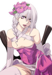 Rule 34 | 1girl, alternate color, assassin, assassin (ragnarok online), bags under eyes, flat chest, highres, licking lips, lips, lipstick, makeup, mr.romance, naughty face, pink eyes, ragnarok online, solo, thighhighs, tongue, tongue out, white hair, white thighhighs