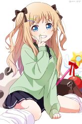 Rule 34 | 1girl, alternate costume, alternate hairstyle, bag, blonde hair, blue eyes, blue skirt, blush, commentary, food, fruit, green nails, green sweater, grin, hair ornament, hairclip, highres, long hair, long sleeves, looking at viewer, loose socks, miniskirt, nail polish, nnn yryr, pleated skirt, skirt, smile, socks, solo, strawberry, sweater, symbol-only commentary, tomato, toshinou kyouko, two side up, v, wand, white background, yuru yuri