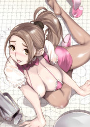 Rule 34 | 1girl, :p, accident, ass, bikini, bikini top only, blush, bow, bowtie, breasts, brown eyes, brown hair, brown legwear, detached collar, dytm, feet, flying sweatdrops, from above, full body, highres, large breasts, long hair, looking at viewer, miniskirt, nose blush, on floor, original, pink footwear, pink skirt, ponytail, pool monitor part-timer (dtym), shoes, short sleeves, skirt, smile, solo, swimsuit, teapot, tongue, tongue out, tray, waitress, wet