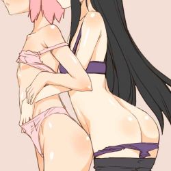 Rule 34 | 10s, 2girls, akemi homura, ass, black hair, bra, clothes pull, flat chest, hand in panties, head out of frame, kaname madoka, long hair, lowres, mahou shoujo madoka magica, mahou shoujo madoka magica (anime), multiple girls, navel, panties, panty pull, pantyhose, pantyhose pull, pink bra, pink hair, pink panties, purple bra, purple panties, shinama, short hair, underwear, underwear only, yuri