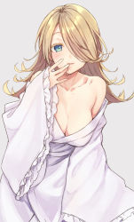 Rule 34 | 1girl, bare shoulders, blonde hair, blue eyes, blush, breasts, cleavage, collarbone, grey background, hair over one eye, half-closed eyes, hand up, kaiketsu! obake capriccio!!, large breasts, leaning forward, light smile, long hair, looking at viewer, parted lips, rimo, robe, simple background, solo
