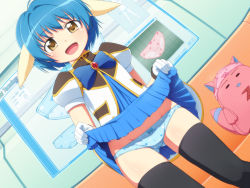 Rule 34 | 00s, 1girl, :d, animal ears, aqua panties, blue bow, blue hair, blue skirt, blush, bow, bow panties, bowtie, clothes lift, english text, galaxy angel, gloves, hair intakes, heart, heart panties, heart print, lifting own clothes, lowleg, lowleg panties, military, military uniform, mint blancmanche, normad, object on head, open mouth, panties, panties on head, pantyshot, pink bow, pleated skirt, print panties, short hair, skirt, skirt lift, smile, solo, standing, tachimi (basue), thighhighs, underwear, uniform, white gloves, yellow eyes