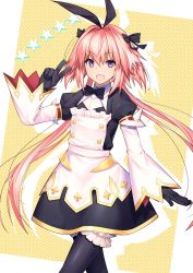 Rule 34 | 1boy, artist request, astolfo (fate), astolfo (saber) (fate), astolfo (saber) (third ascension) (fate), bad id, bad pixiv id, black bow, black gloves, black pantyhose, black ribbon, blush, bow, bowtie, commentary request, cowboy shot, dress, fang, fate/grand order, fate (series), frills, gloves, hair bow, hair intakes, hair ribbon, long hair, long sleeves, looking at viewer, male focus, multicolored hair, pantyhose, pink hair, purple eyes, ribbon, skin fang, solo, streaked hair, trap, twintails, v, white hair, yellow background