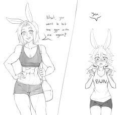Rule 34 | 2girls, :d, :o, abs, animal ears, bag, blush, breasts, clenched hands, clothes writing, commentary, crop top, dolphin shorts, drooling, english commentary, english text, eyes visible through hair, gluteal fold, greyscale, hair between eyes, hand on own hip, hands up, heart, heart-shaped pupils, long hair, lovestruck, low twintails, medium breasts, midriff, monochrome, multiple girls, muscular, muscular female, nose blush, open mouth, original, rabbit ears, short hair, short shorts, shorts, shoulder bag, smile, symbol-shaped pupils, tank top, thigh gap, twintails, twrlare, yuri
