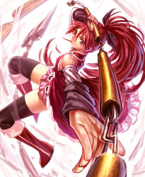 Rule 34 | 10s, 1girl, bare shoulders, boots, brown thighhighs, detached sleeves, dress, fighting stance, food, knee boots, lain, long hair, looking at viewer, magical girl, mahou shoujo madoka magica, mahou shoujo madoka magica (anime), mouth hold, pink eyes, pocky, polearm, ponytail, red dress, red eyes, sakura kyoko, solo, spear, thighhighs, very long hair, weapon, wide sleeves