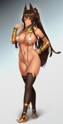 Rule 34 | 1girl, :s, animal ears, anubis (houtengeki), arm guards, armlet, bare shoulders, black thighhighs, breasts, brown hair, cameltoe, cleavage, closed mouth, covered erect nipples, cross, dark-skinned female, dark skin, detached collar, dog ears, egyptian, egyptian clothes, female focus, fringe trim, full body, grey background, groin, hand on own hip, highres, houtengeki, large breasts, long hair, looking at viewer, navel, original, ponytail, raised eyebrows, red eyes, shoes, signature, slingshot swimsuit, smile, solo, standing, stomach, swimsuit, thighhighs, very long hair, yellow footwear