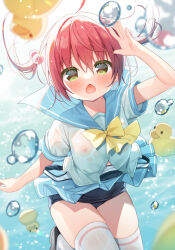 Rule 34 | 1girl, air bubble, arm up, black footwear, blue sailor collar, blue skirt, blush, bow, breasts, bubble, clothes lift, clothes pull, commentary request, covered erect nipples, green eyes, hair between eyes, hair bobbles, hair ornament, hanamiya natsuka, long hair, looking at viewer, medium breasts, old school swimsuit, one-piece swimsuit pull, open mouth, original, pleated skirt, red hair, rubber duck, sailor collar, school swimsuit, school uniform, see-through, serafuku, shirt, shoes, short sleeves, skirt, skirt lift, solo, swimsuit, swimsuit under clothes, thighhighs, twintails, underwater, wet, wet clothes, wet legwear, wet shirt, wet thighhighs, white shirt, white thighhighs, yellow bow