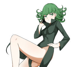 Rule 34 | &gt;:(, 1girl, bare legs, blush, breasts, commentary request, curly hair, dress, closed eyes, floating, frown, green dress, green eyes, green hair, hand on own hip, holding, holding phone, long sleeves, looking up, medium breasts, no panties, one-punch man, phone, sente, short hair, simple background, solo, tatsumaki, v-shaped eyebrows, white background